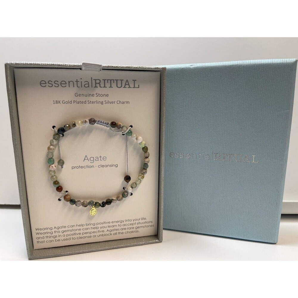 essential RITUAL Agate Genuine Stone 18k Plated Charm Adjustable Bracelet New